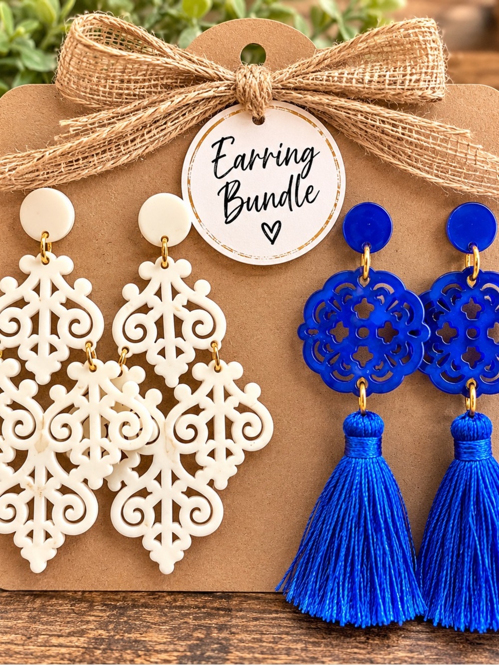 Earring Bundle - White Filigree & Royal Blue Tassel Earrings